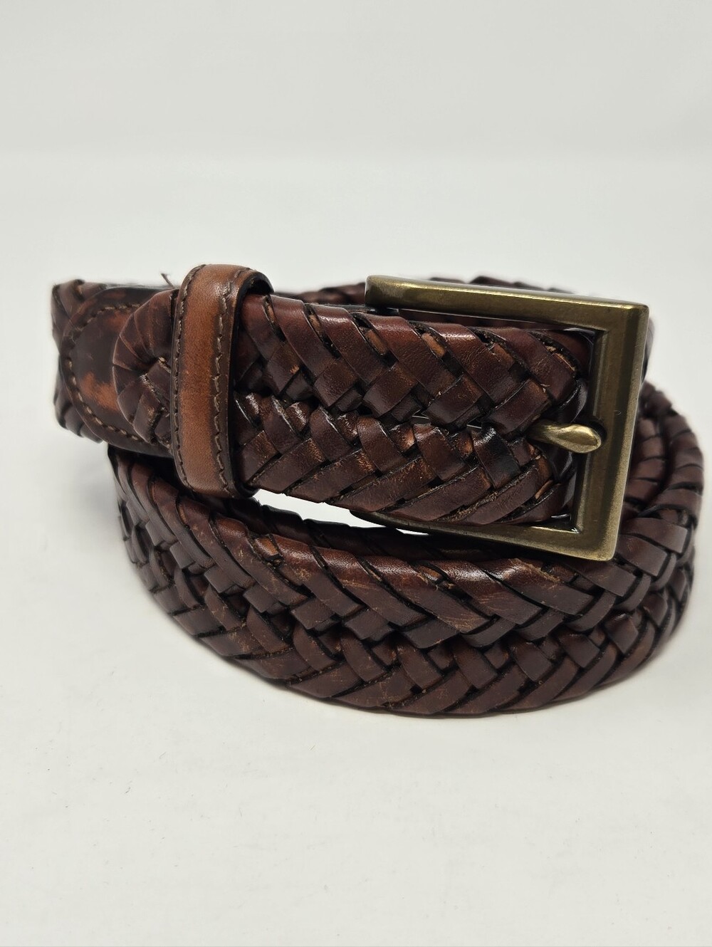 LANDS' END BROWN LEATHER BRAIDED WOVEN BELT BRASS BUCKLE MEN SIZE 34 WESTERN